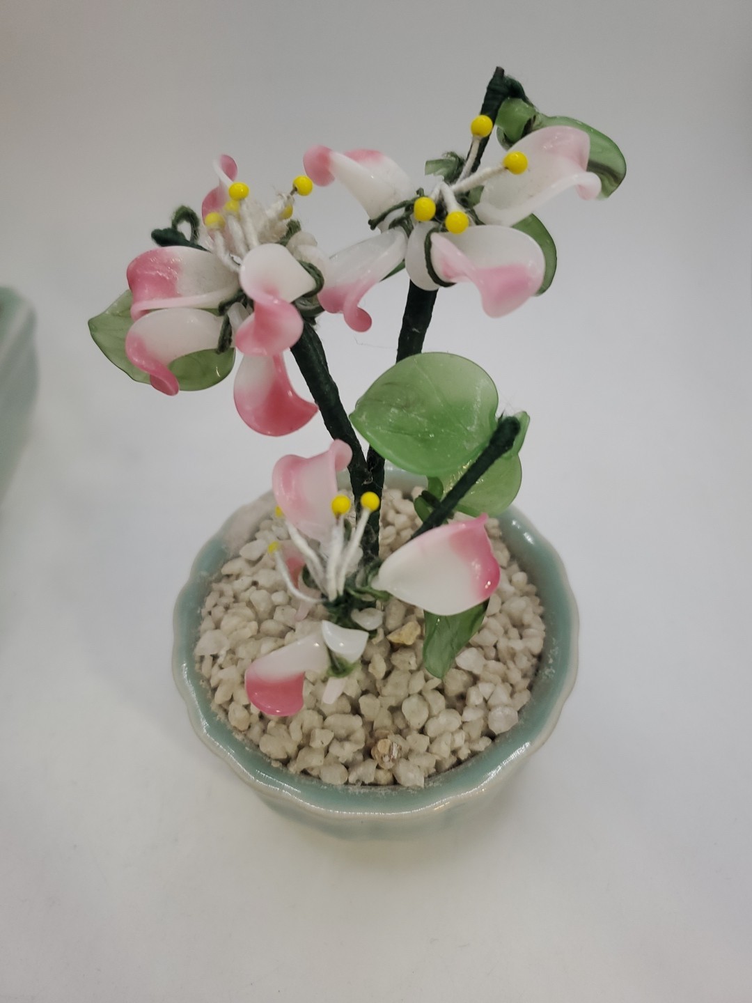 Vintage Glass & Jade Pink Flower Arrangement ~ Set Of 2