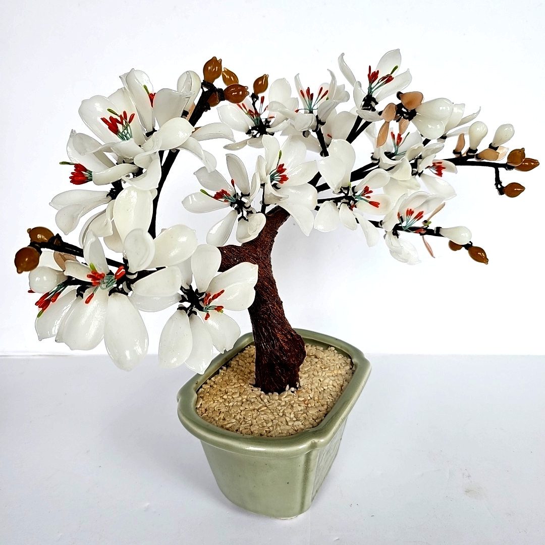 14″ Vintage Bonsai Tree Glass White Flower Blossom in Celadon Pot Handmade 1697