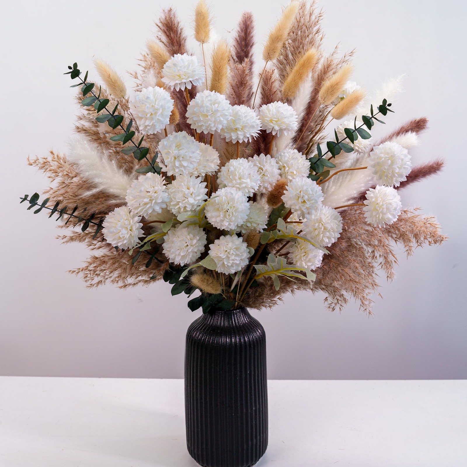 Faux Flower Bouquet with Dried Pampas Grass Artificial Peonies Mums Decor