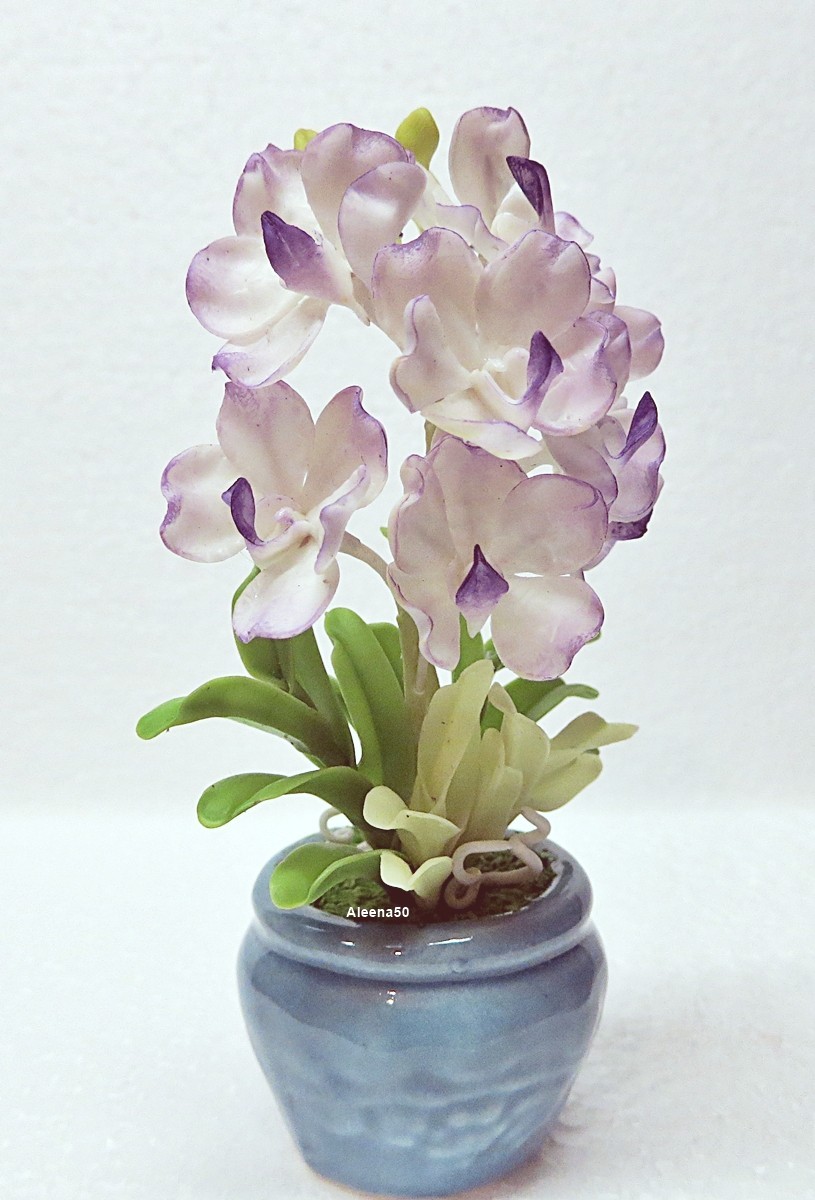 US Stock 4″H Handmade Air-Dry-Clay Artificial Mini Dendrobium Orchid Arranged