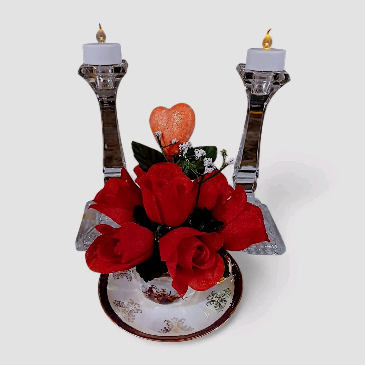 Red Rose Floral Arrangement Tea Cup POP-IN Sparkle Heart Bridal Valentine Love