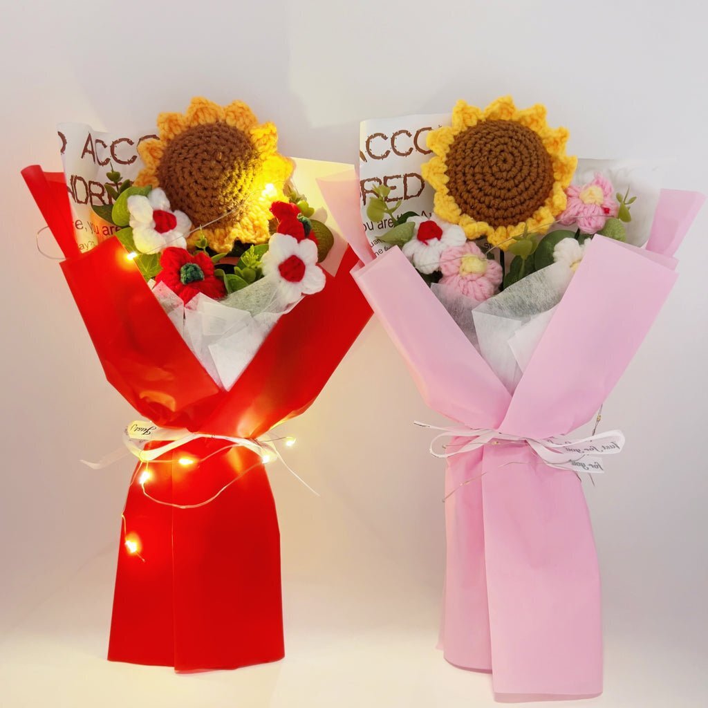 Crochet Flowers Bouquet Sunflower Exquisite Knitted Flower Wrap with Light Ready