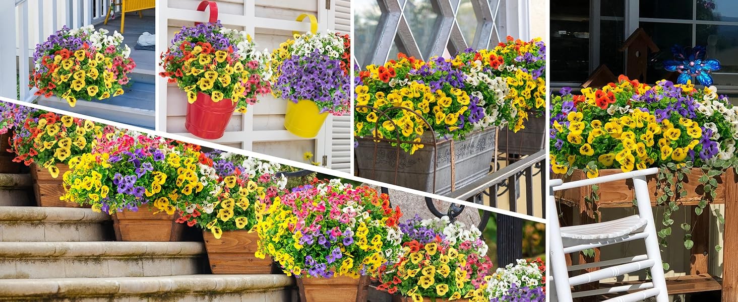 20 Bundles Artificial Fake Pansy Flowers for Outdoor | Yellow, White, Purple,