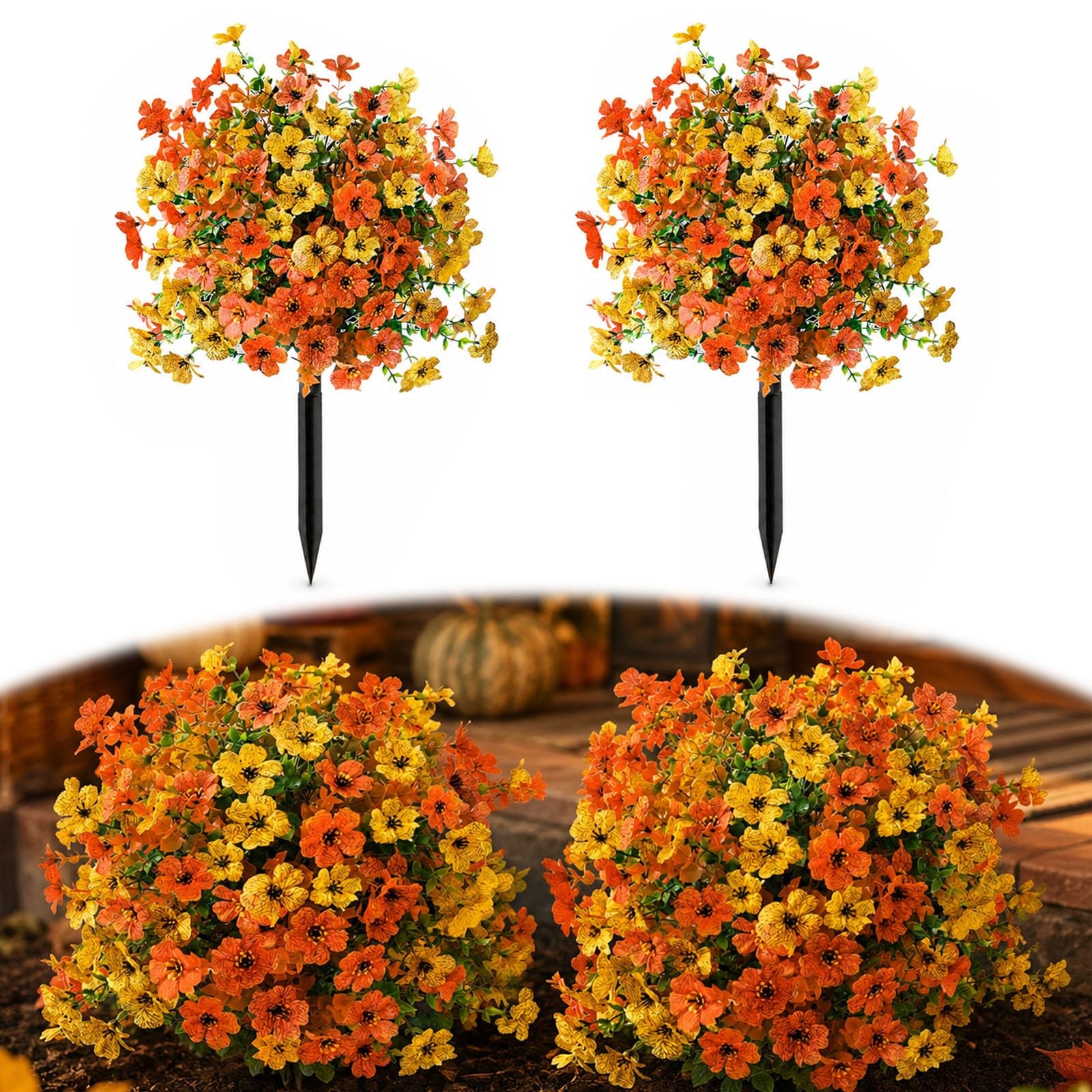 2-Pack Fall Artificial Flowers with Stakes, Outdoor Faux Floral Shrubs for Po…