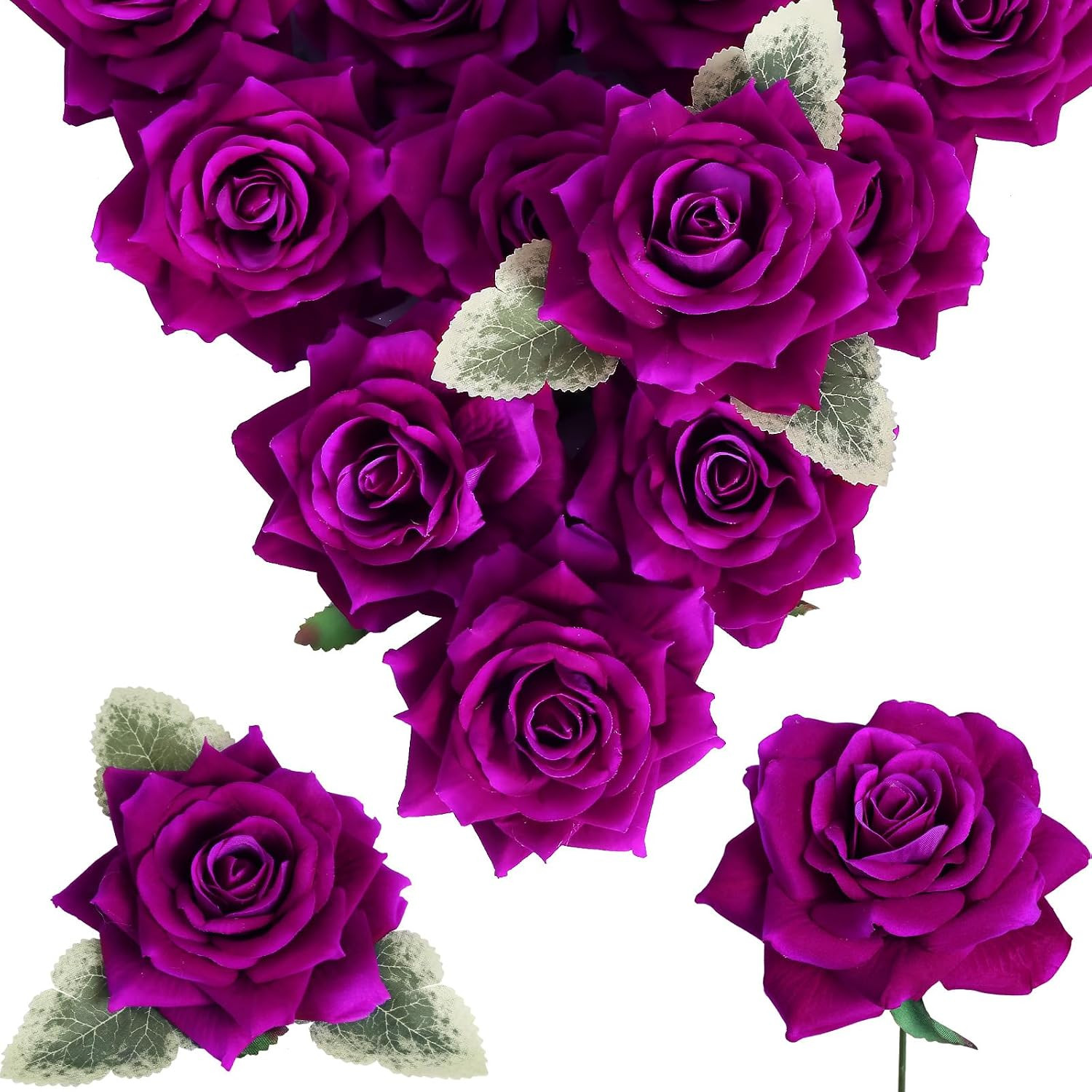 Artificial Purple Velvet Roses 16PCS 4.3″ Silk Faux Flowers with Stems