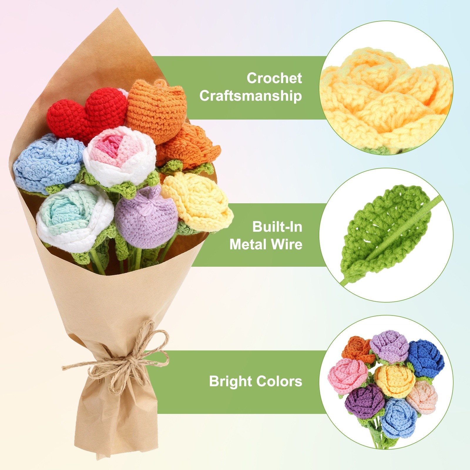 6Pcs Crochet Flower Rose Handmade Knitted Bouquet Yellow]