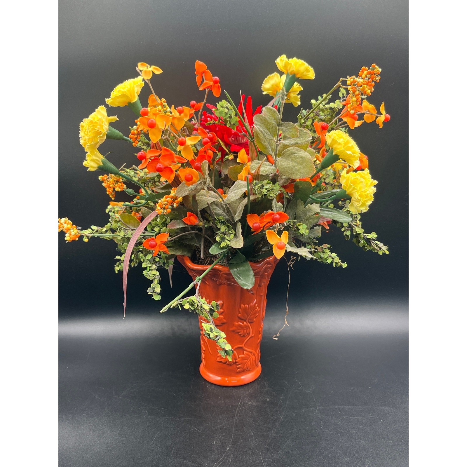 Burnt Orange Vase Faux Flower Arrangement 13″ Tall Autumn Colors Decor Fall