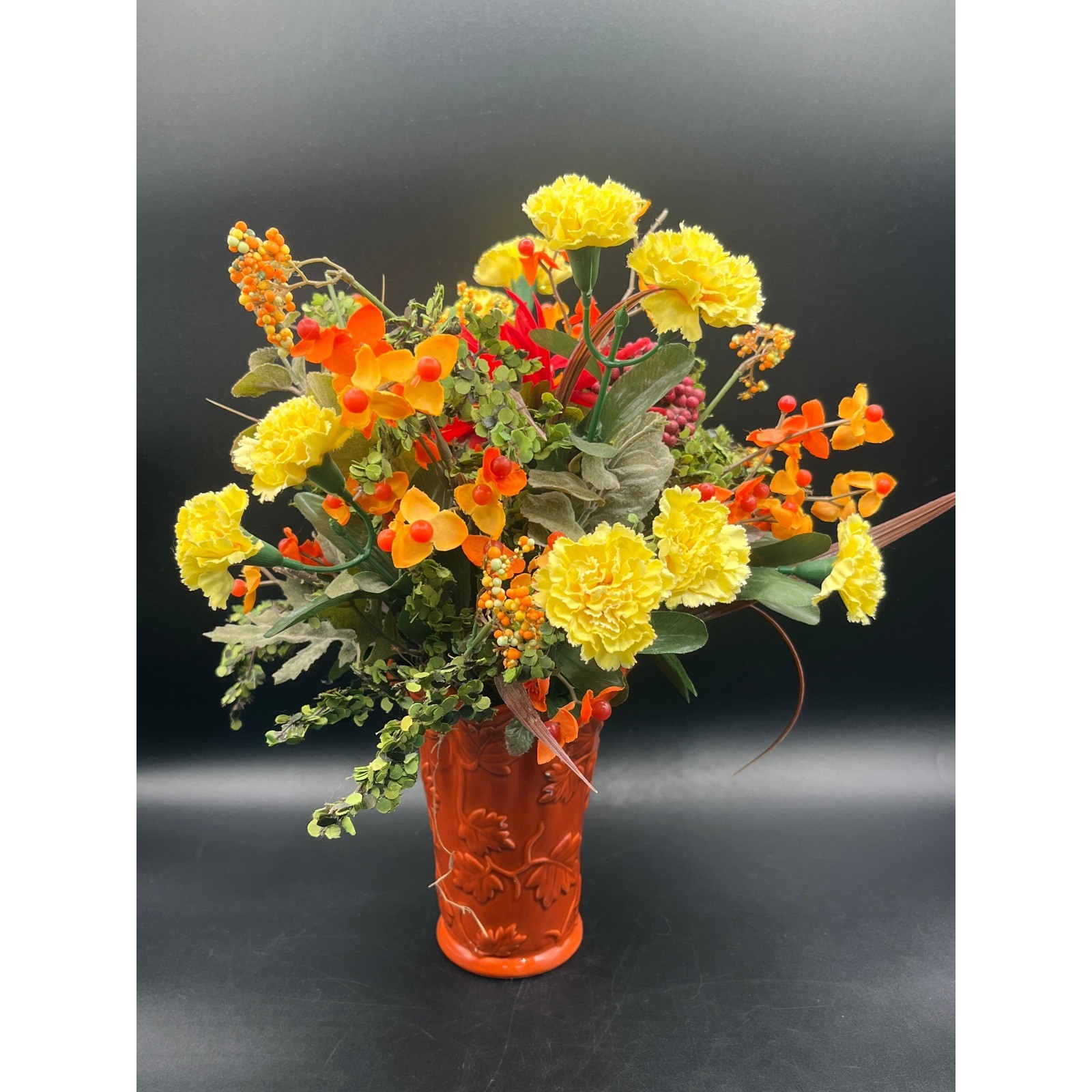 Burnt Orange Vase Faux Flower Arrangement 13″ Tall Autumn Colors Decor Fall