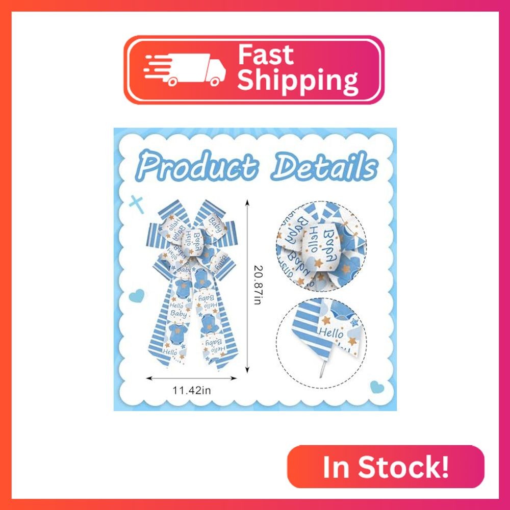 Threetols Baby Shower Wreath Bows, Blue White Stripe Bows for Wreath Baby Blue D