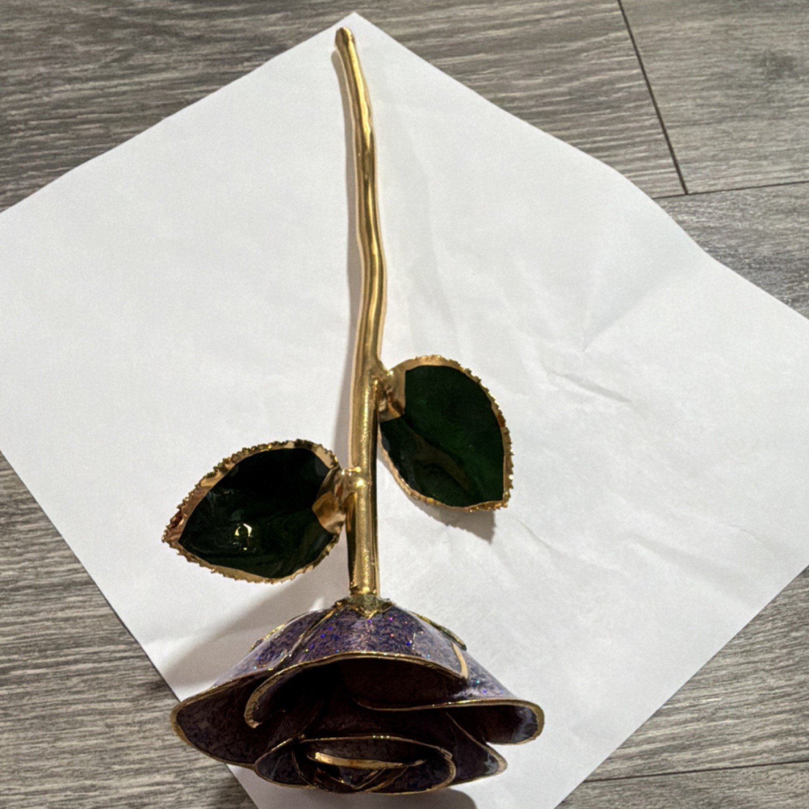 Artificial Metal Rose Flower Stem Purple Gold Green Decorative Floral Ornament