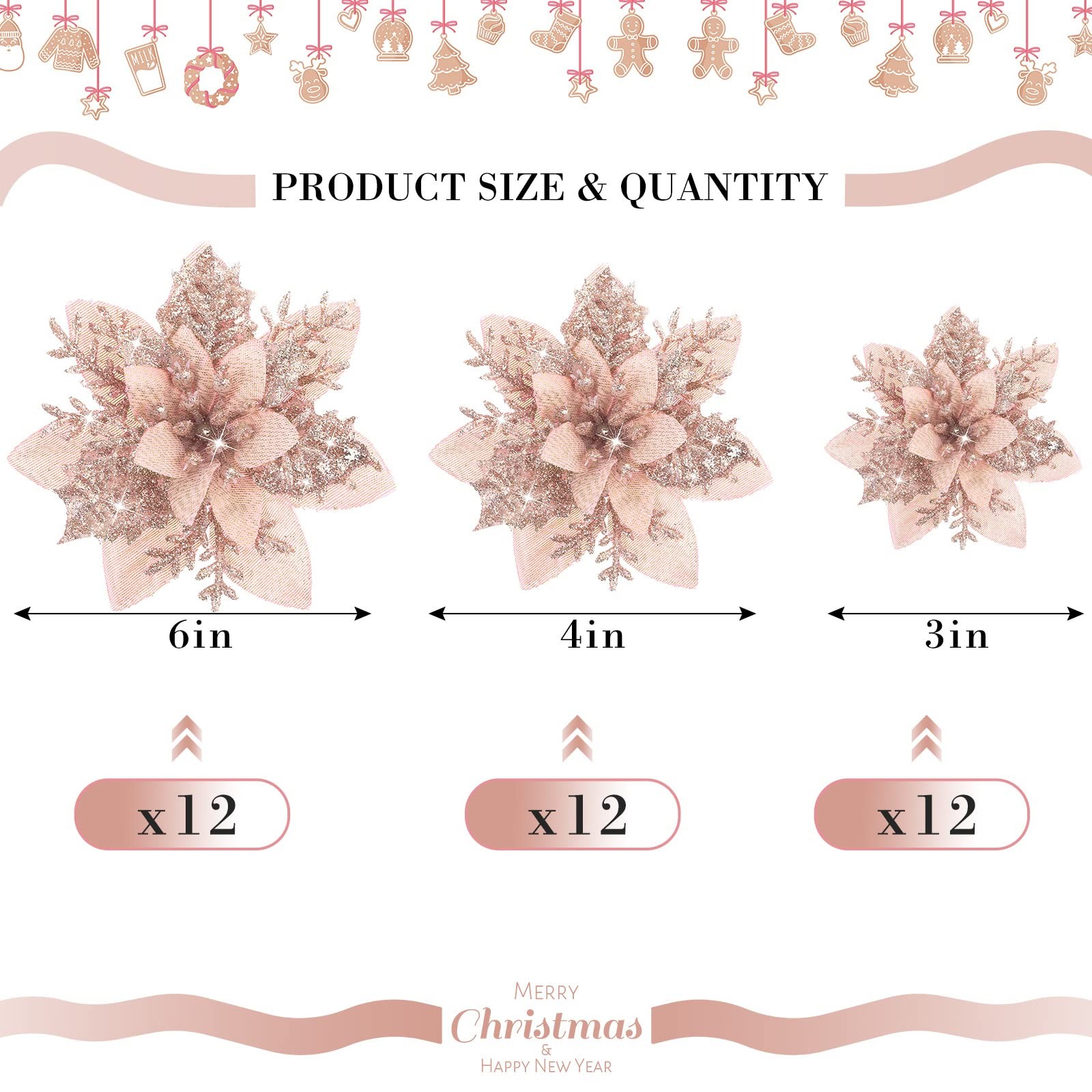 36 Pcs Christmas Glitter Artificial Poinsettia Flowers Xmas Poinsettia Artifi…