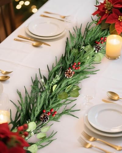 9FT Artificial Christmas Garland with Pine Cones, Red Berries and Eucalyptus