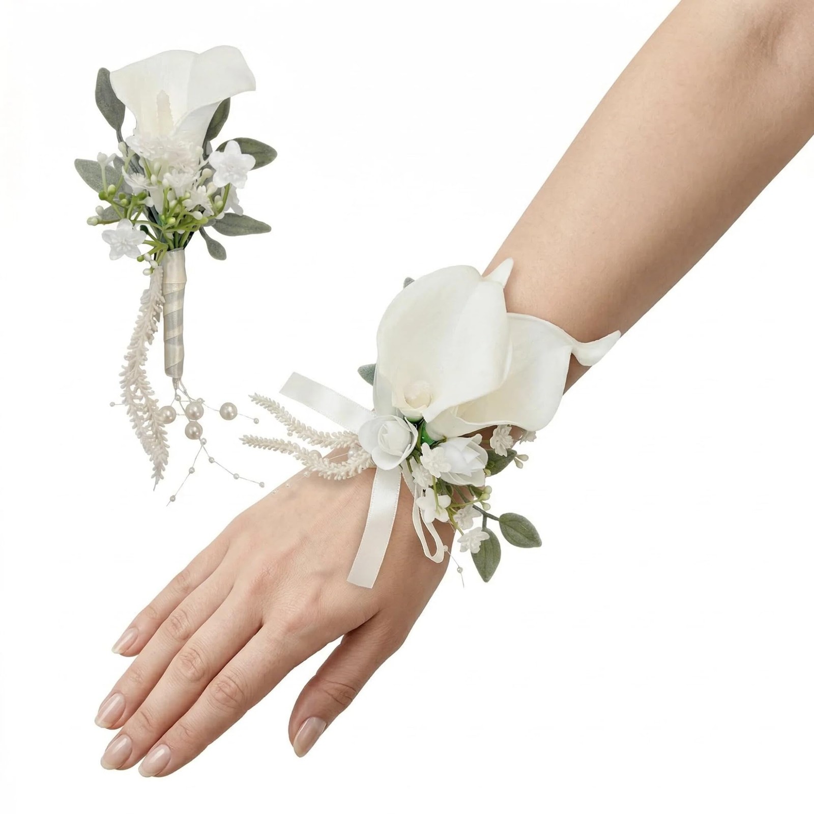 White Corsage And Boutonniere Set Wrist Kit For Men Women Prom Party Wedding