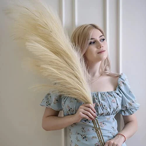 Artificial Pampas Grass 3PCS 43″ Tall Beige Ivory Boho Floor Vase Home Decor