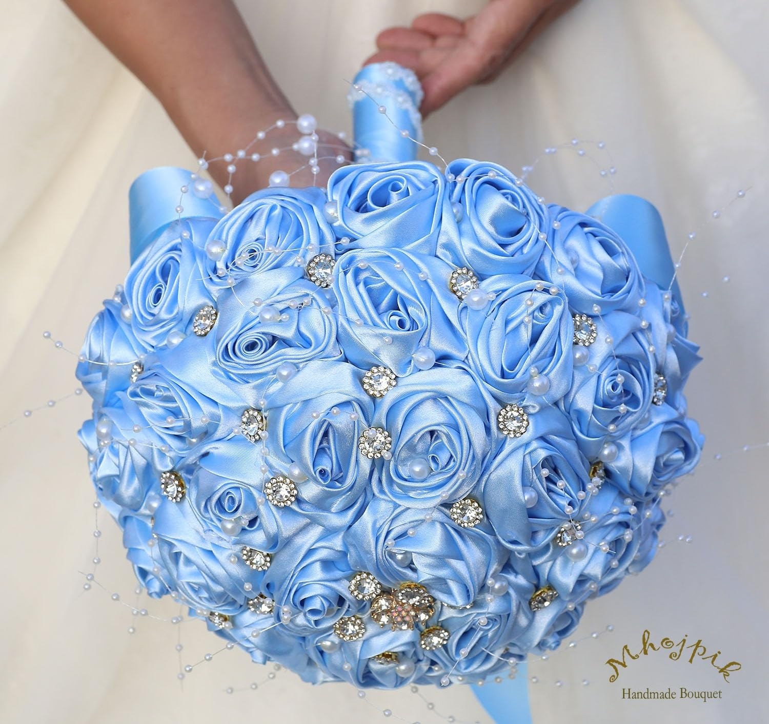 6.3 Inch Light Blue Artificial Rose Bling Bridal Wedding Throw Bouquet