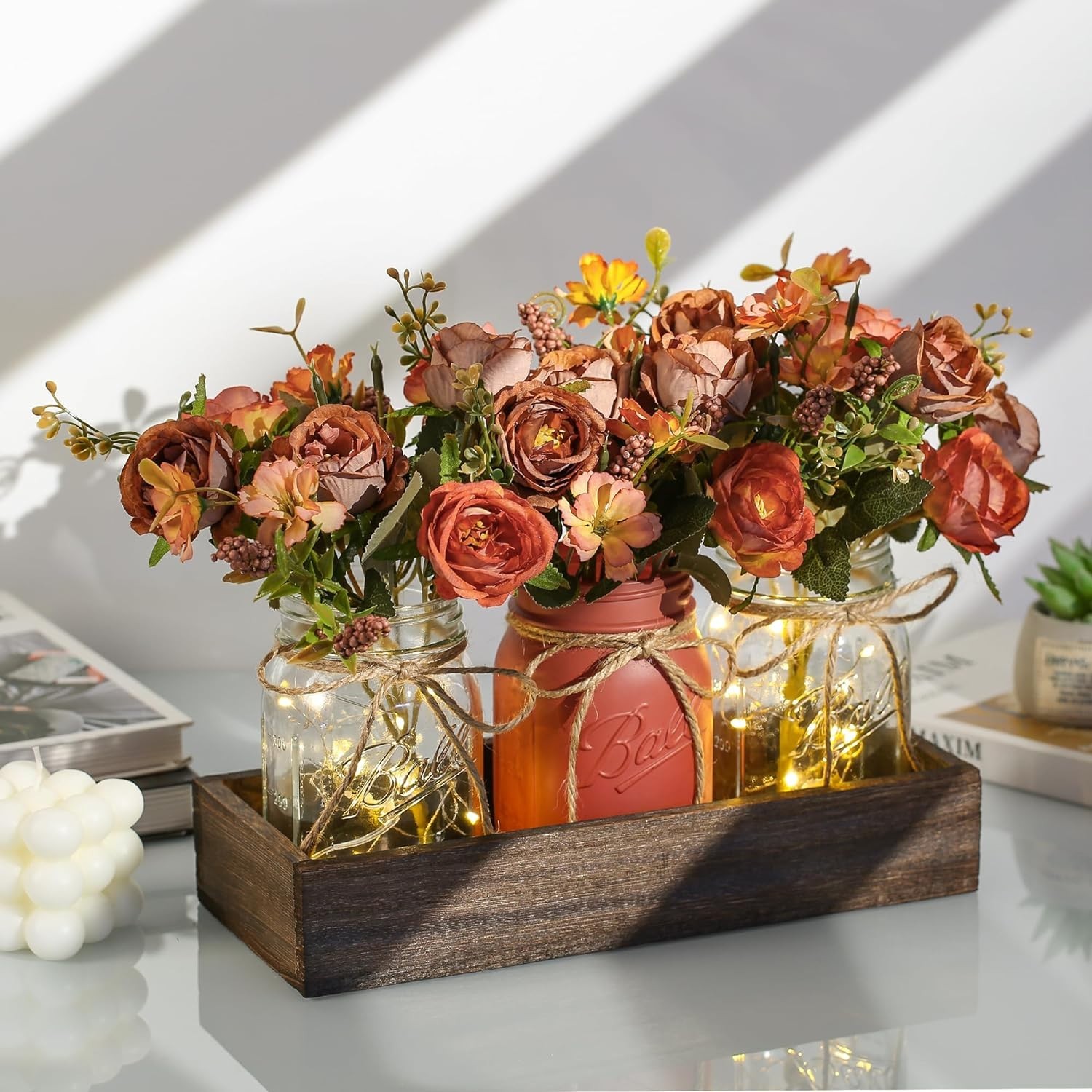 Versatile 3-Pc Mason Jar Set with Wood Tray & LED for Dining & Living Spaces