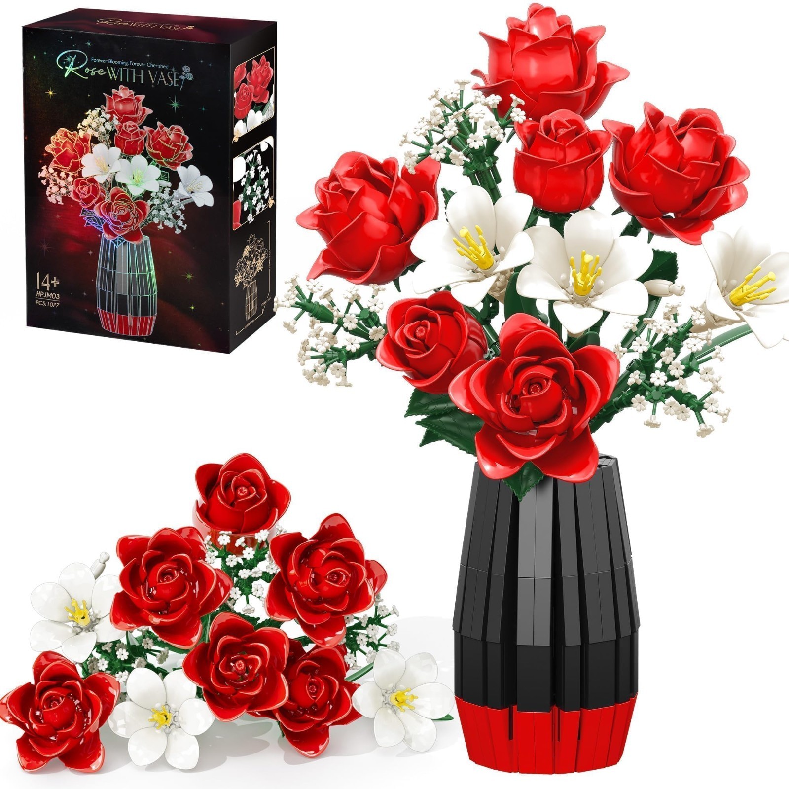 1077 PCS Artificial Rose Flower Bouquet Building Set with Vase – Perfect Gift fo