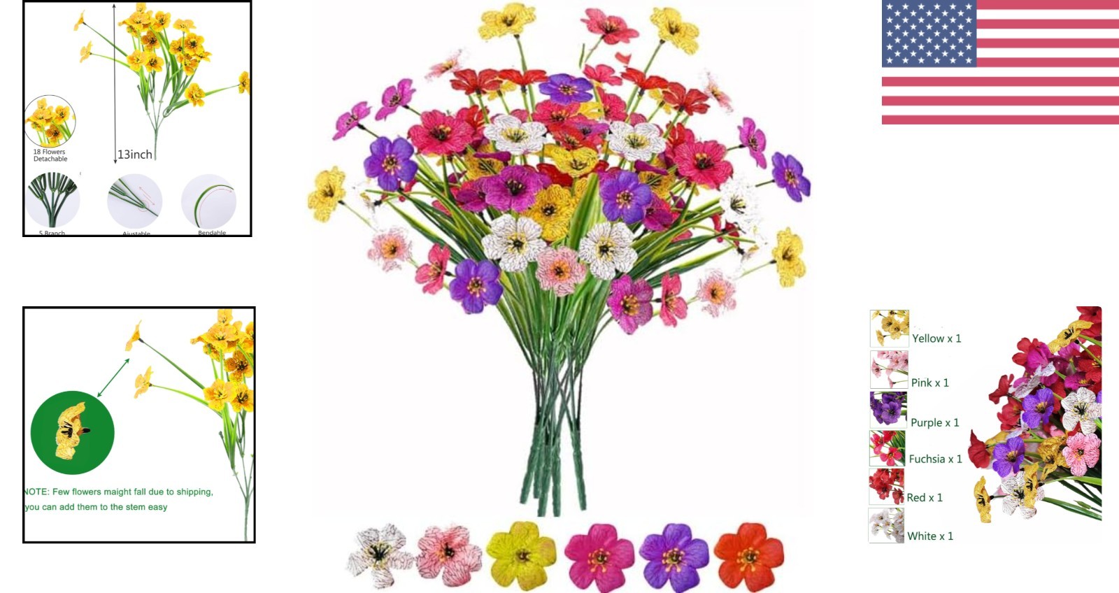 Decorative Fake Flowers, 6 Bundles for Indoor Use, Vibrant Colors, Plastic
