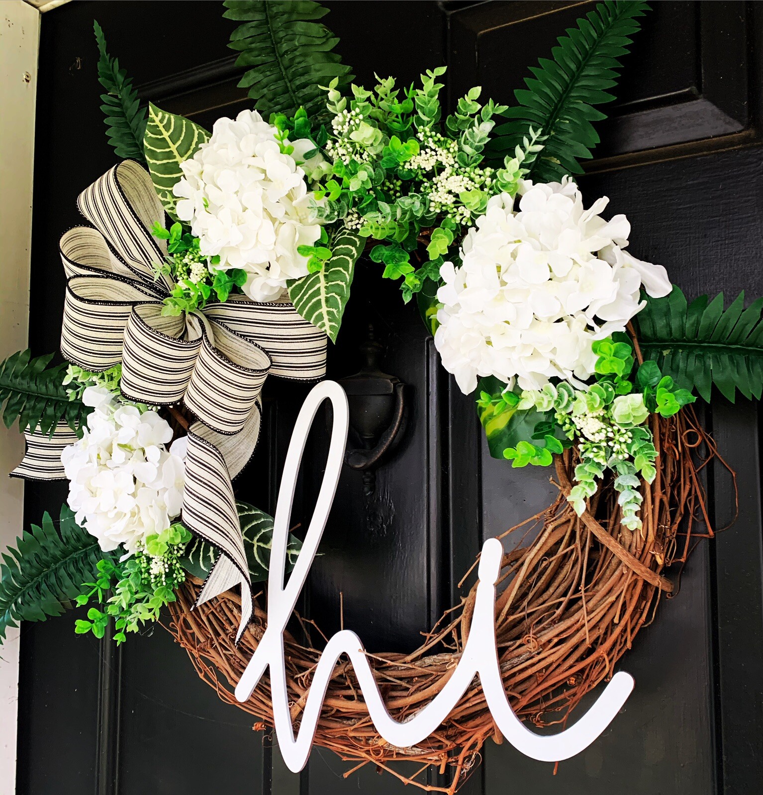 Hi Hydrangea Canvas Striped Bow Eucalyptus Farmhouse Rustic Grapevine Wreath
