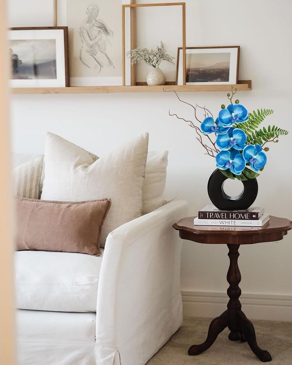 Blue Orchid Fake Flowers with Black Vase, 16.1” Artificial Orchid Silk Flowe…