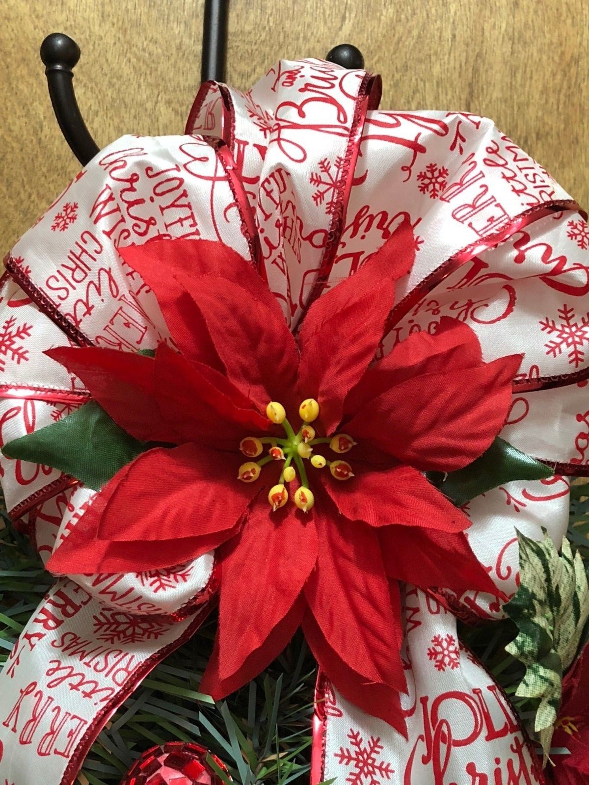 Christmas Tear Drop Door Swag Wreath Santa Poinsettia Red Bow Holly berries