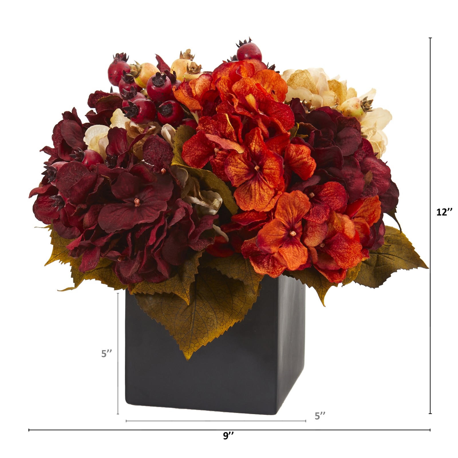 Nearly Natural 12-in Autumn Hydrangea Berry Artificial Arrangement in Black Vase