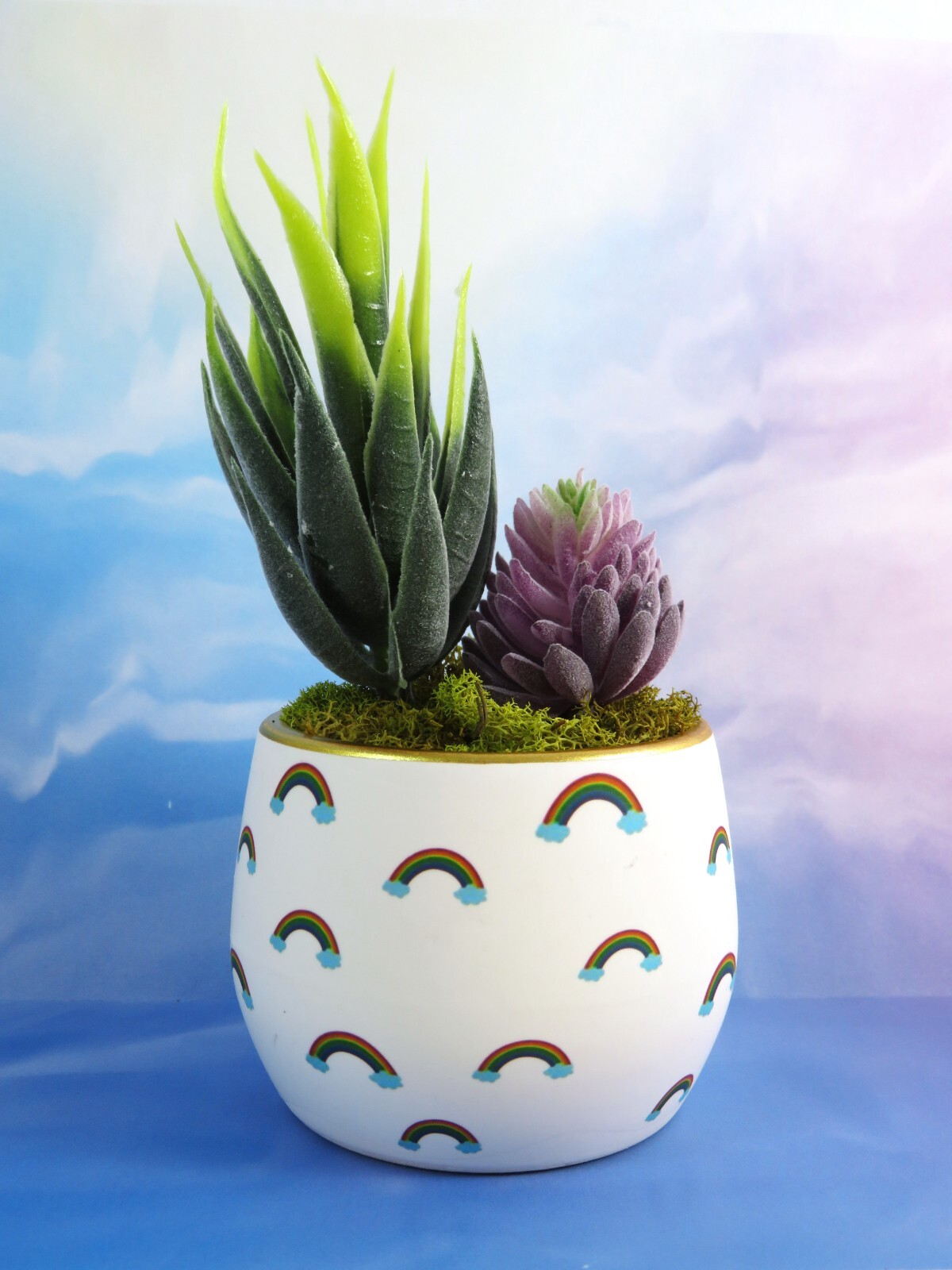 Mini Rainbows Ceramic Planter With Artificial Succulents Gold Rim 2.5 Inch New