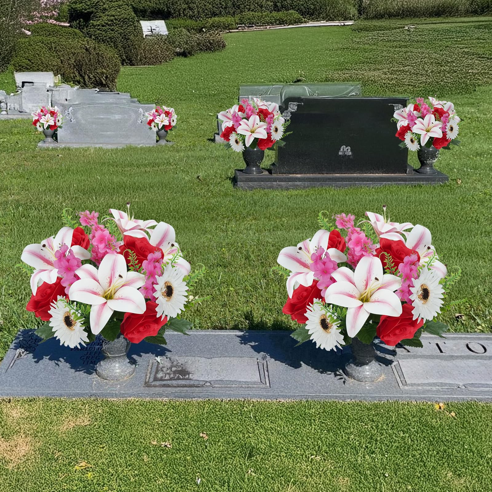2 Pcs Cemetery Flowers For Grave 19.6 Inch Lilies Silk Floral Arrangement
