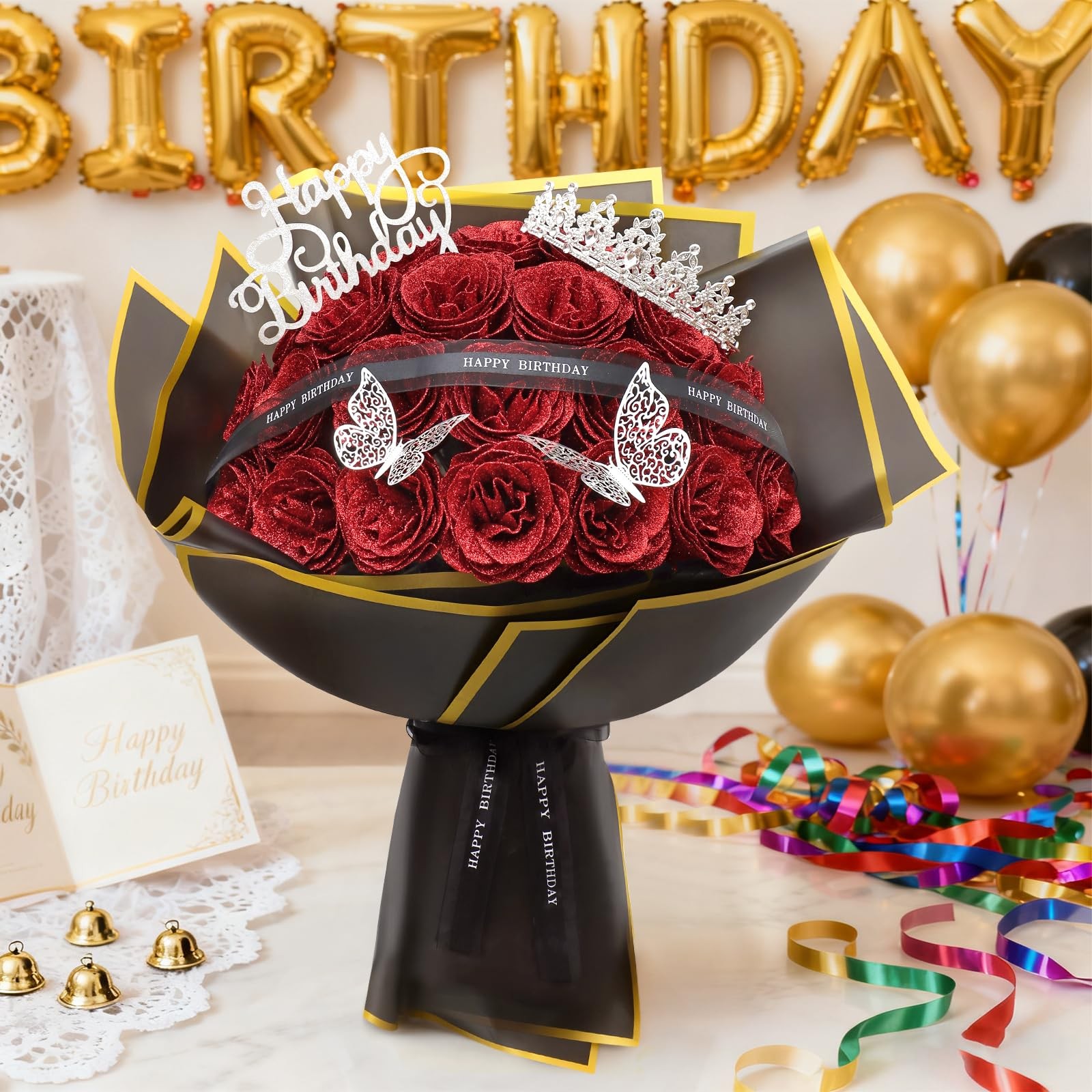 24 PCS Red Glitter Roses Bouquet Fake Flowers With Birthday StandUp Signs DIY
