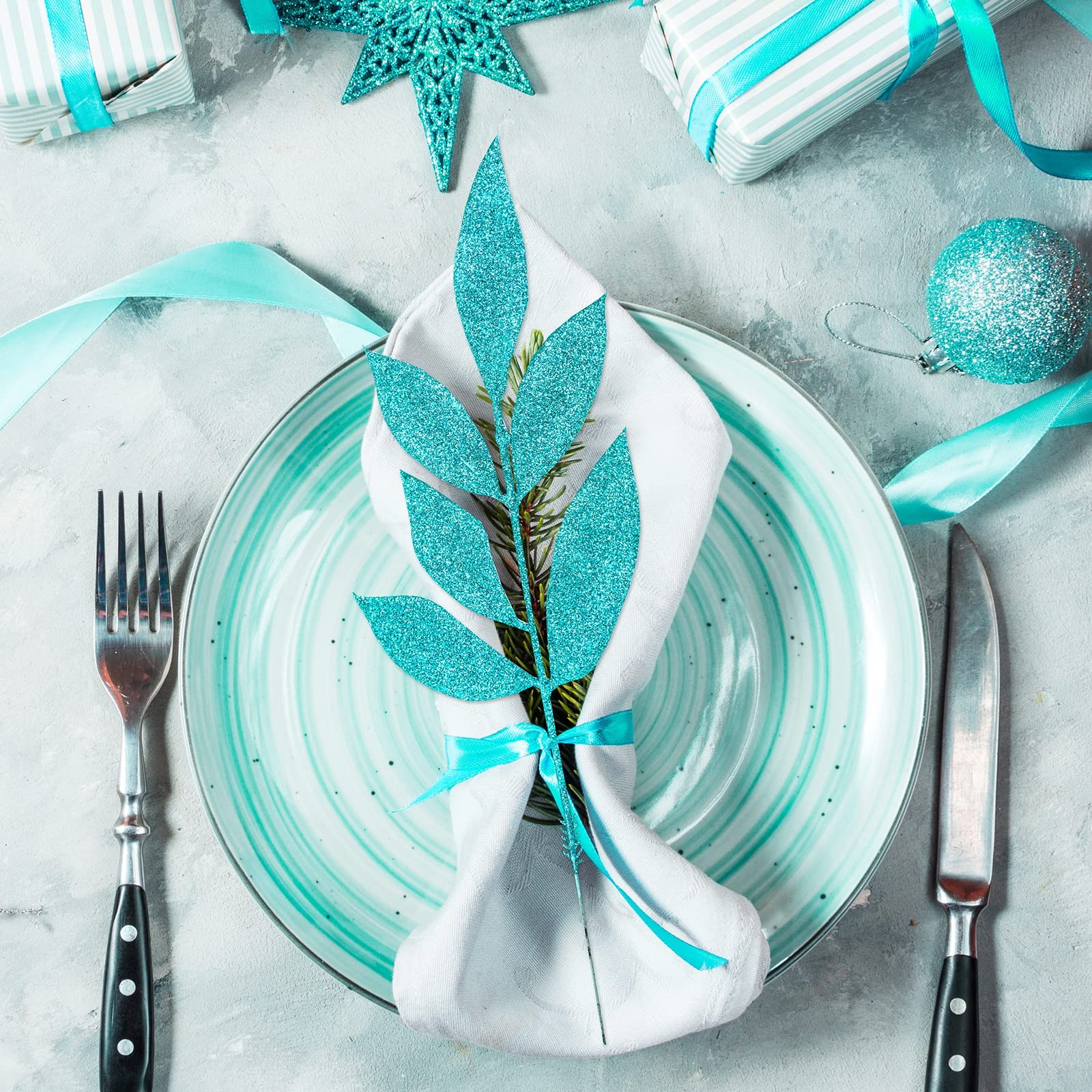 20 PCS Teal Glitter Bay Leaf Sprays Artificial Christmas Tree Picks 12.7 Inch