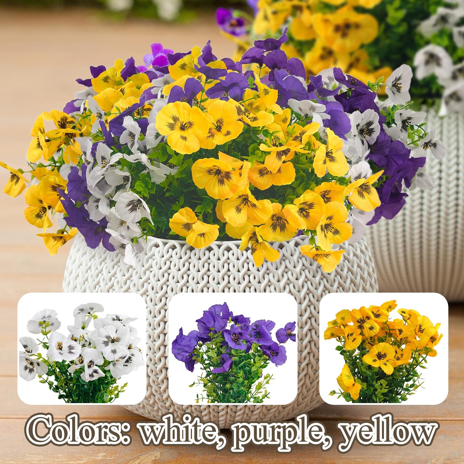 9 Artificial Pansy Flowers for Outdoors with Gift Box – UV-Resistant Fake Sil…