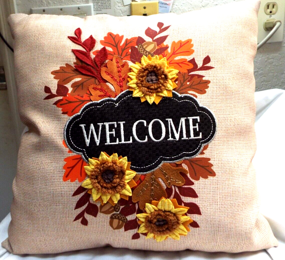 Welcome Throw Pillow 16″ x 16″ 3D Floral Leaves & Sunflower Design NEW