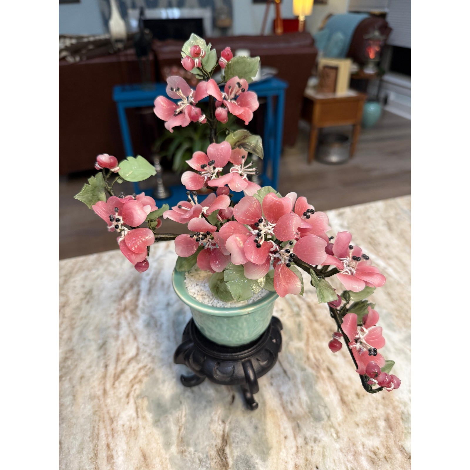 Vintage Chinese Glass Bonsai Tree Pink Cherry Blossom Celadon Pot Wood Stand