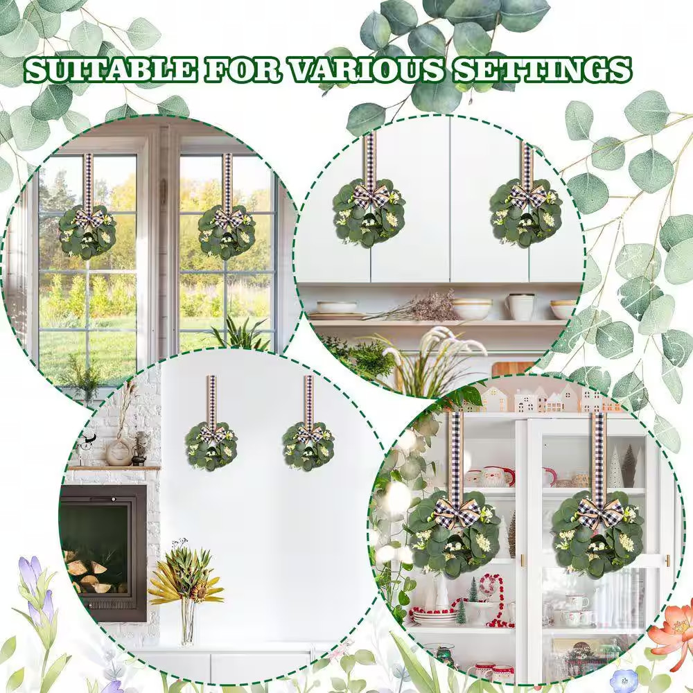 1 In. 2-Pieces Green Indoor/Outdoor Artificial Eucalyptus Plant Wreath Set for D
