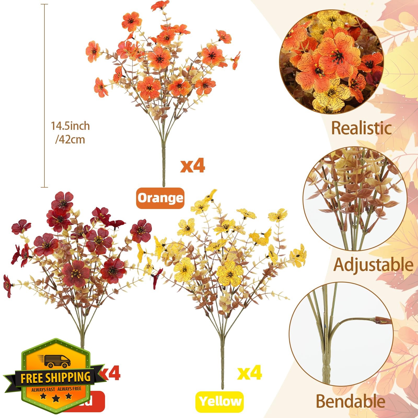 ATTGREAT 12PCS Mum Flowers Mix Orange Yellow Red