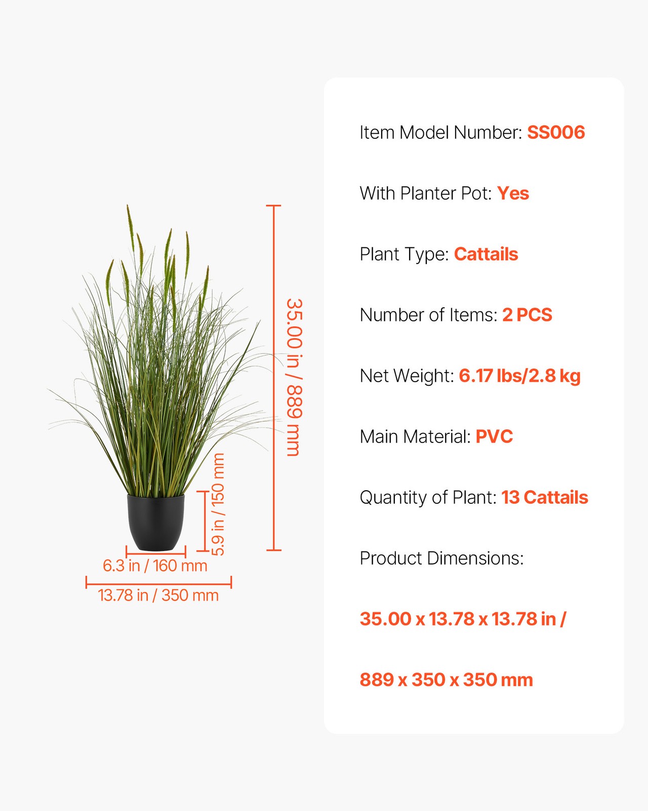 VEVOR Artificial Grass Plant 35 Inch Cattail Grass In Pot 2 Pack Green