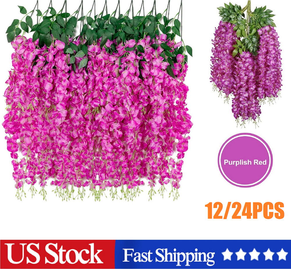 12/24PCS Artificial Wisteria Hanging Flower Vines Garland Strings Wedding Decor