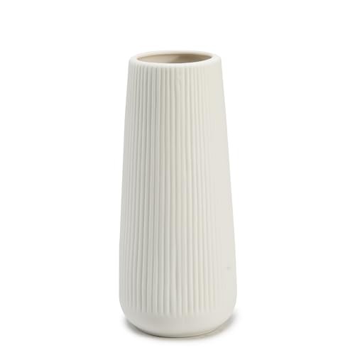 Ceramic Vase for Flower, Matte Black Ribbed Ceramic Vase for Home Decor, White