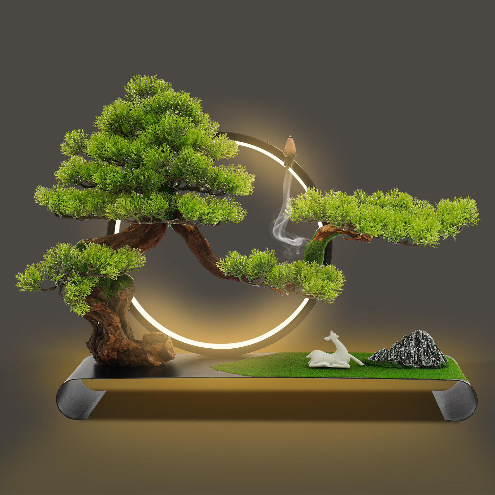 Zen Artificial Pine Tree with LED Light Ring for Backflow Incense