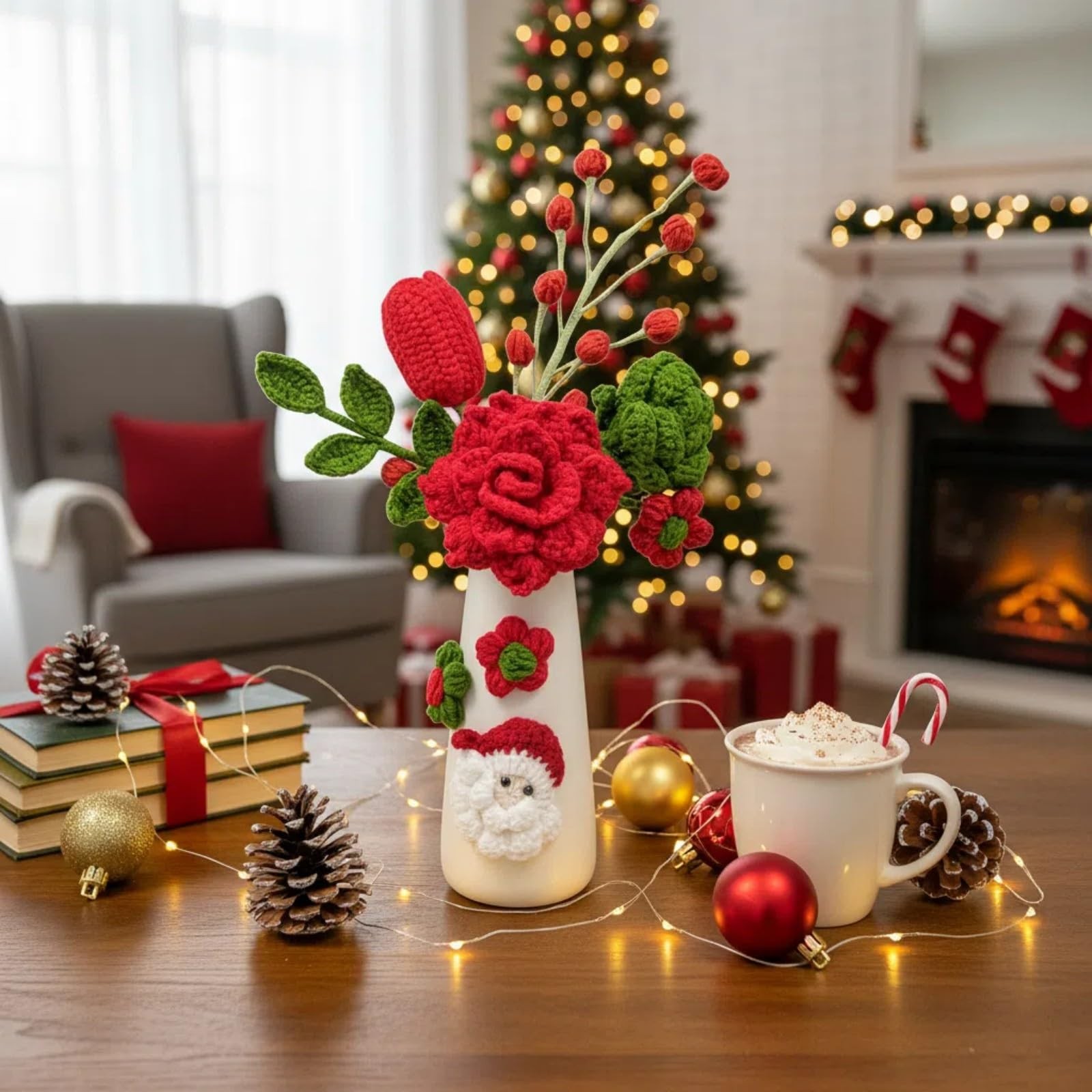 Crochet Christmas Flowers Artificial with Vase for Christmas New Year Decorat…