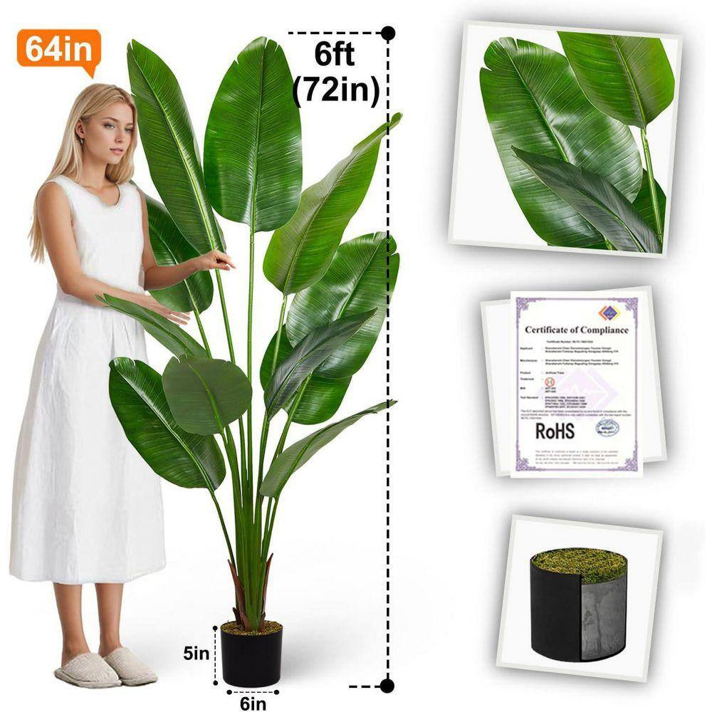 72 In. Artificial Green Indoor/Outdoor Bird of Paradise Tree Real Touch Silk Lea
