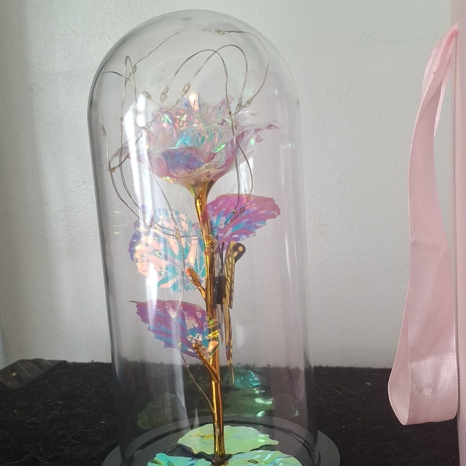 Artificial Multicolor & Gold Rose Flower Stem in Glass Dome Cloche Display