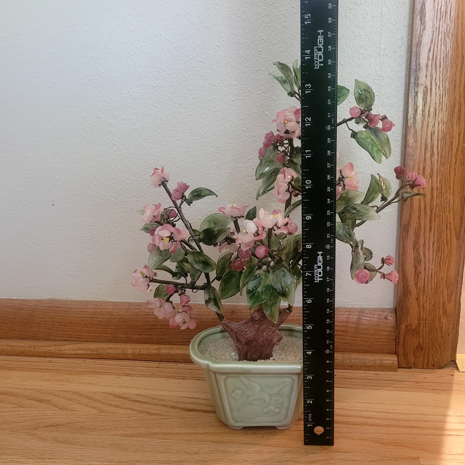 Vintage Chinese Glass Stone Jade Cherry Blossom Bonsai Tree Pink Flowers 14″