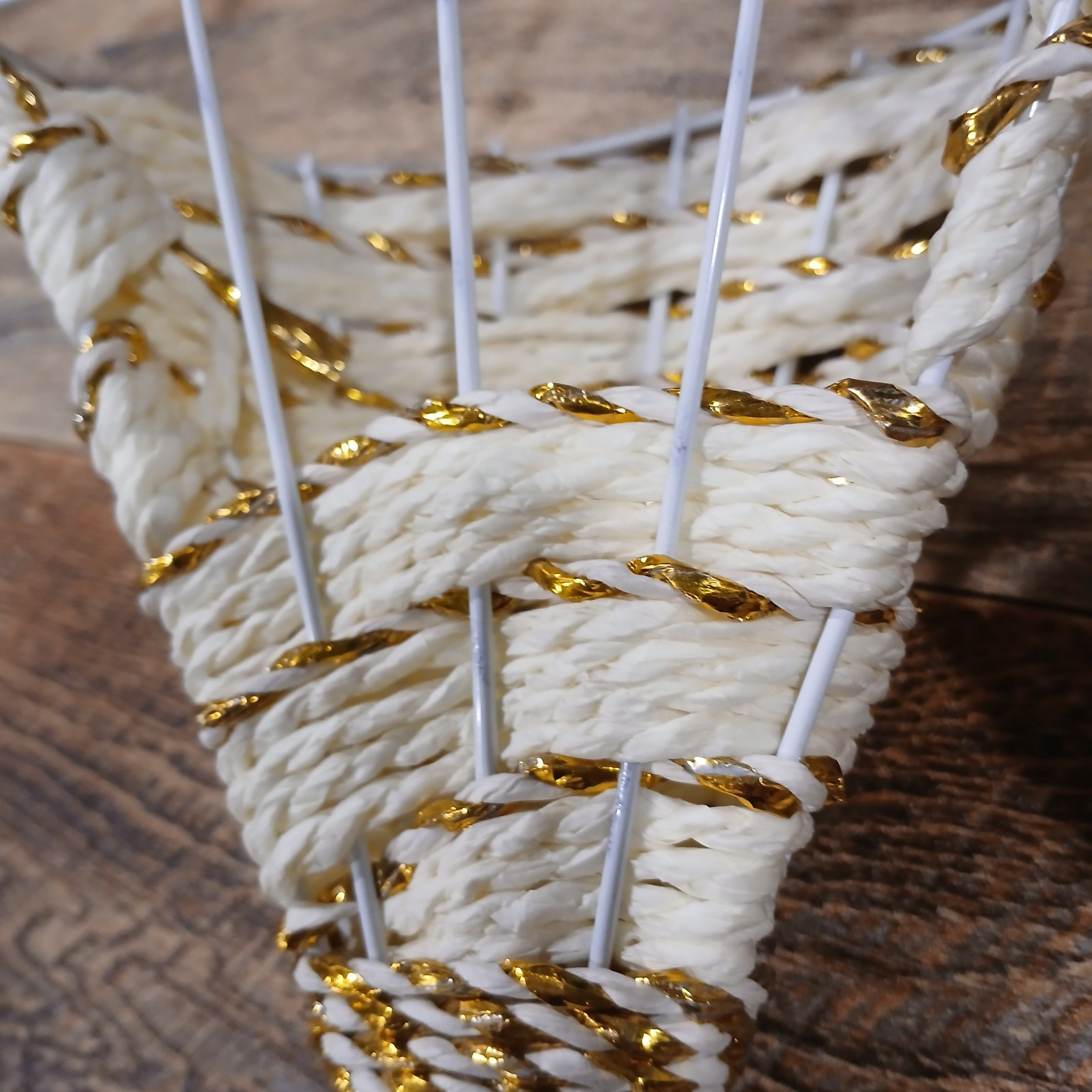 Set of 2 Wall Hanging Cone/Basket. Display Flowers. Cream & Gold