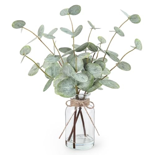 Artificial Eucalyptus Stems in Glass Vase with A Real Touch Green Eucalyptus