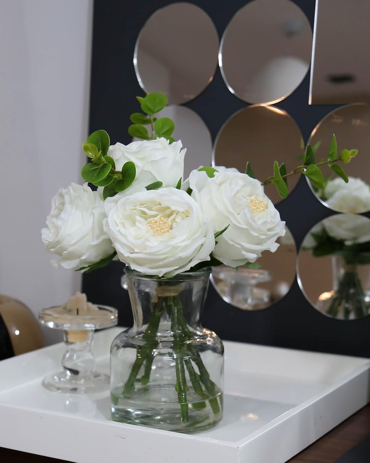 Artificial Flowers with White Roses in Vase, Fix Lifelike Fake Flowers in Vase w