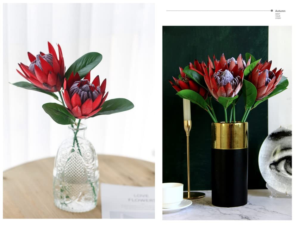 3 PCS Red Fake Artificial Silk Plastic King Protea Flowers Bouquet Centerpieces