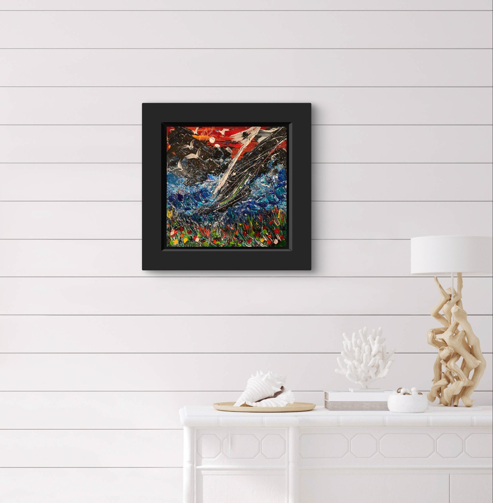 Original 14×14” Abstract Thick Texture Seascape Flower Painting by Laura Stovall