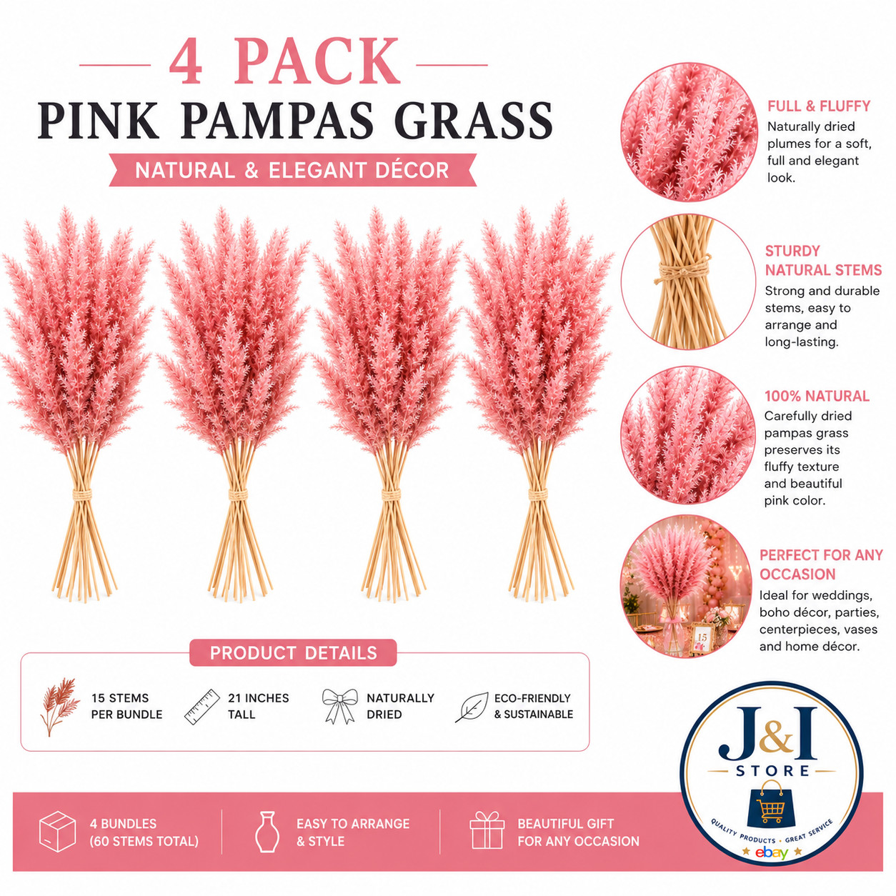 4 Pack Pink Pampas Grass 15 Stems 21″ Dried Floral Bouquet Boho Wedding Home Vas