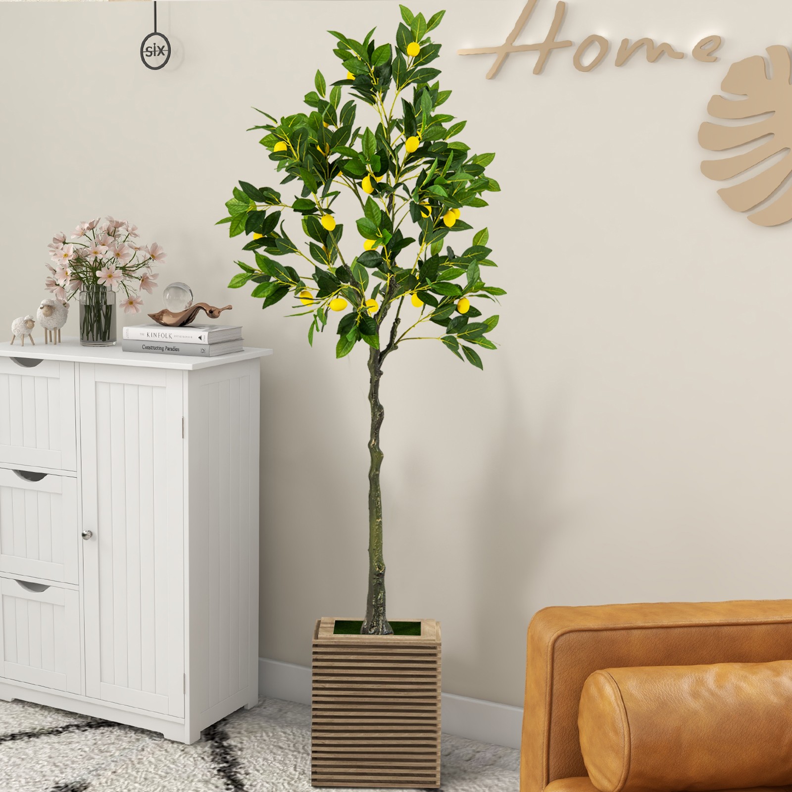 2 PCS 5.2 FT Tall Artificial Lemon Tree w/ Lemon Fruits, Cement Pot for Office